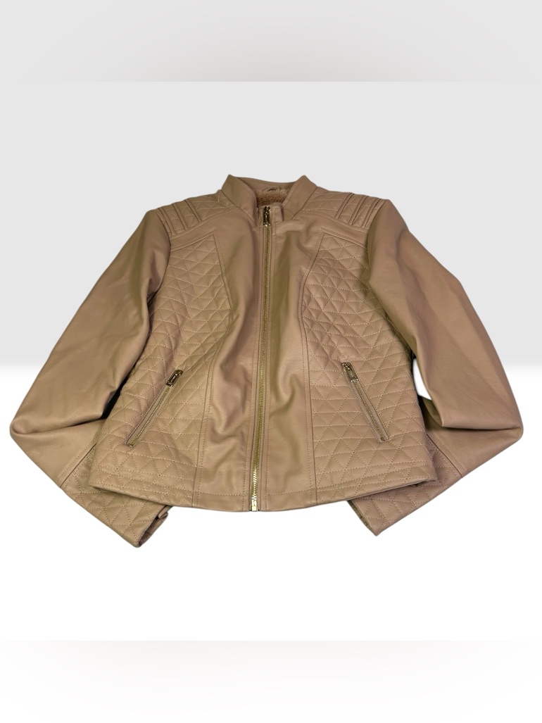 Guess Tan Faux Leather Quilted Jacket Womens Small Fur Lined Moto Zip Coat